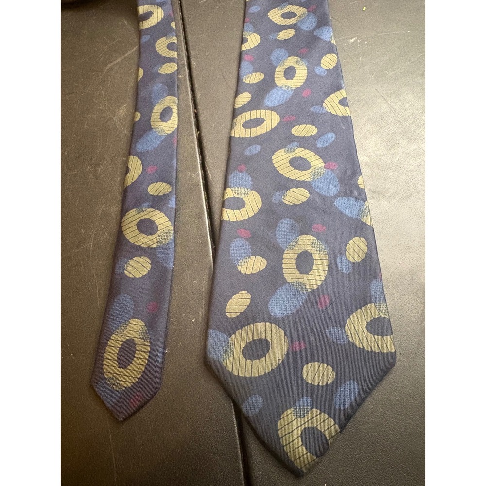 Yves Saint Laurent Silk Tie Vintage Navy Blue Gold Geometric Abstract USA Made